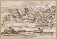 K V 025
<br/>
Rivier met badende figuren en een stad
<br/>
<em>Grimaldi, Giovanni Francesco (1606-1680)</em>
